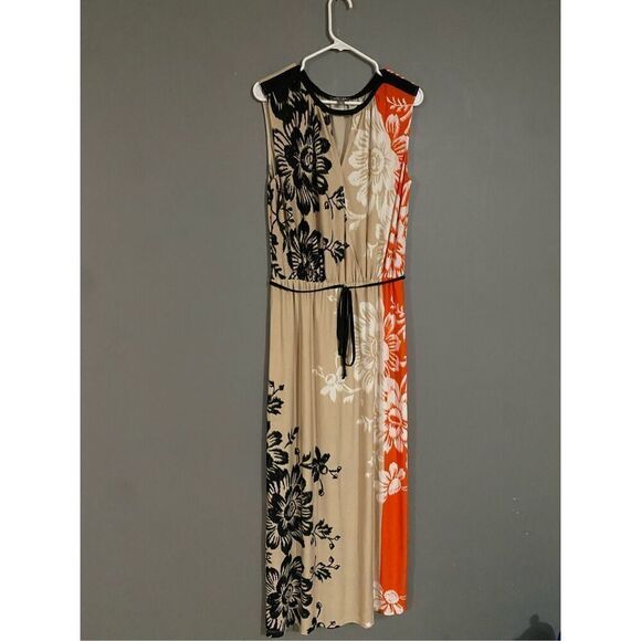 Roz & Ali Floral Black Orange Deep V Neck Tie Waist Sleeveless Dress Size 12 - Picture 2 of 7